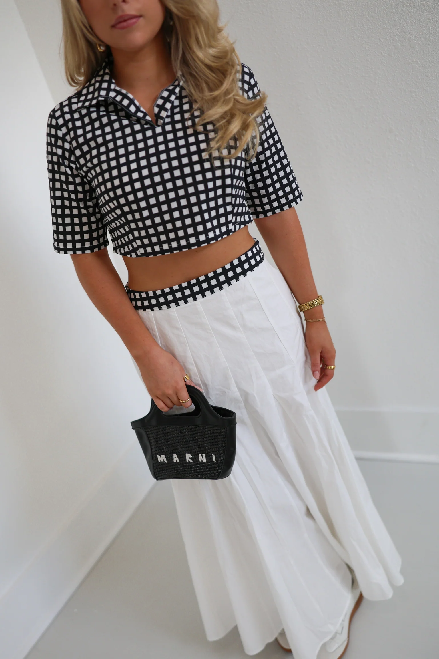 Delaney Double Layer Pleated Maxi Skirt - White/Black - Image 3